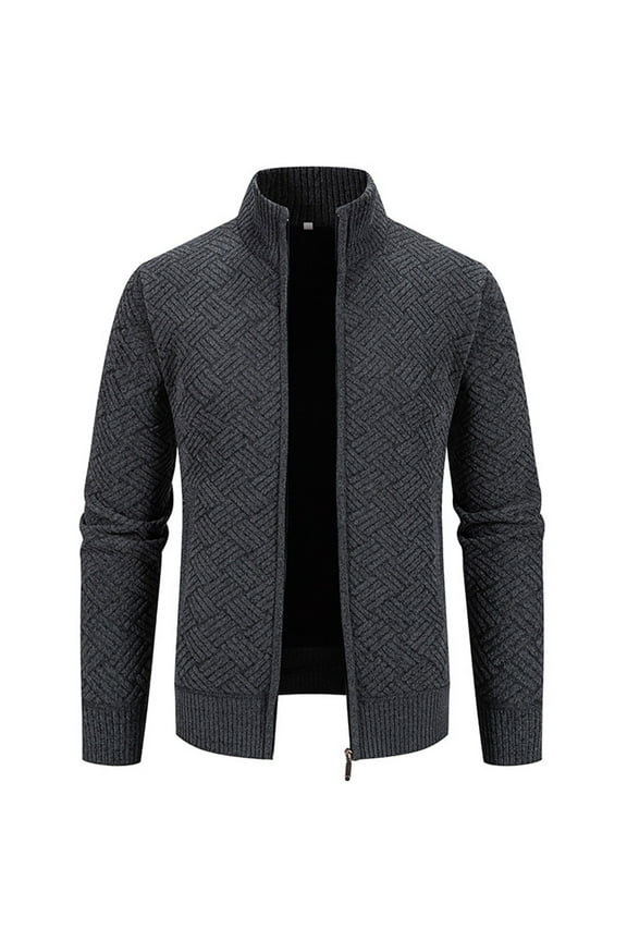 Mens Knitted Cardigan Sweaters Full Zip Up Stand Collar Dressy Work Sweater Casual Comfy Slim Fit Cardigan Jacket Dark Gray
