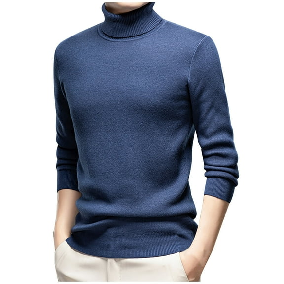 Miluxas Mens Knitted Turtleneck Slim Fit Sweater Long Sleeve Turtle Neck Ribbed Pullover Sweaters Casual Basic Stretch Tops Blue