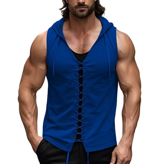 Miluxas Mens Lace Up Sleeveless Shirt Tunic Top Sport Vest for Men Blue XXL(XXL)
