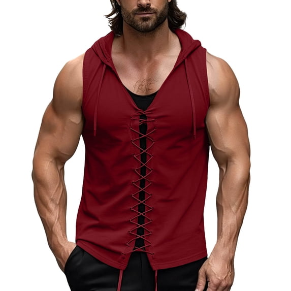 Miluxas Mens Lace Up Sleeveless Shirt Tunic Top Sport Vest for Men Red M(M)
