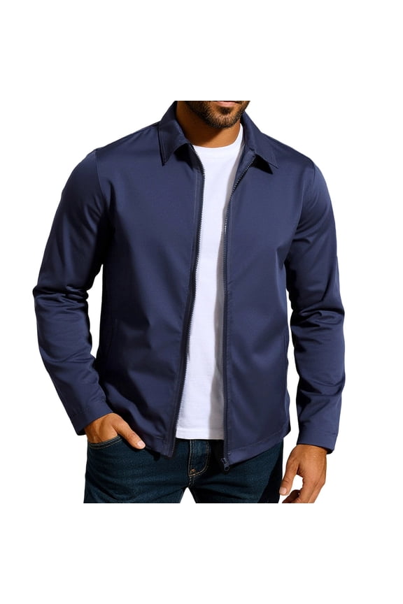 Mens Lightweight Jackets Full Zip Business Casual Windbreaker Fall Golf Coat Jacket with Pockets Navy L(L)