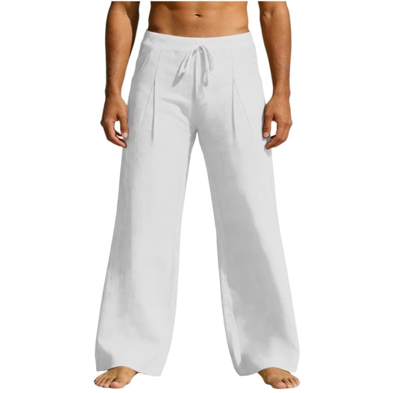 Miluxas Mens Linen Cotton Casual Pants Elastic Waist Drawstring Lightweight Pants Loose Fit Summer Beach Yoga Trousers White M(M)