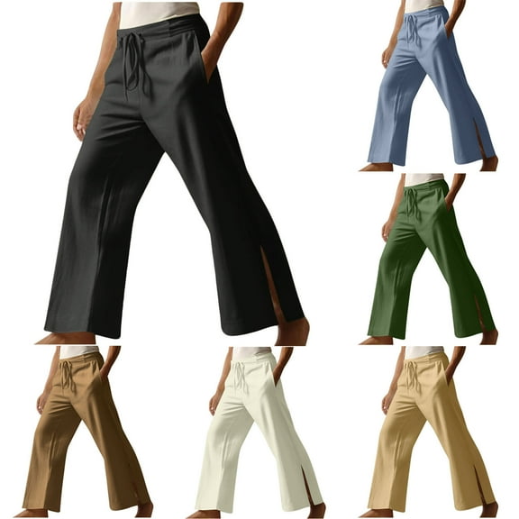 Miluxas Mens Linen Pants Yoga Beach Loose Fit Casual Summer Elastic Waist Drawstring Baggy Trousers with Pockets Khaki