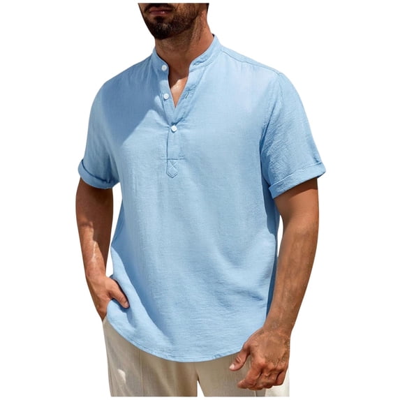 Miluxas Mens Linen Short Sleeve Shirts Cotton Casual Button Down Shirt Henley V Neck Collared T-Shirts Vacation Summer Tops Light Blue XXL(XXL)