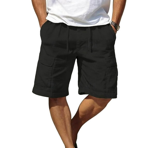 Miluxas Mens Linen Shorts Elastic Waist Shorts Casual Summer Lightweight Cotton Linen Pants with Pockets Black,Navy,White,Khaki