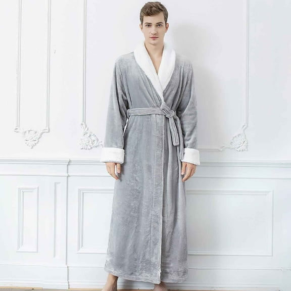 Miluxas Mens Long Robe Soft Warm Fleece Plush Bathrobe Men Sleepwear Pajamas Housecoat Nightgown Gray 8(L)