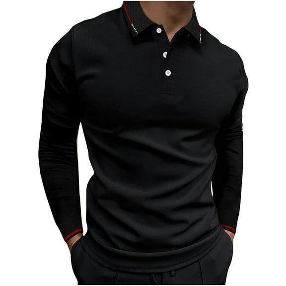 Miluxas Mens Long Sleeve Polo Shirts Button Casual Tee Collared Work Pullover Shirts Black