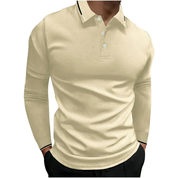 Miluxas Mens Long Sleeve Polo Shirts Button Casual Tee Collared Work Pullover Shirts Khaki