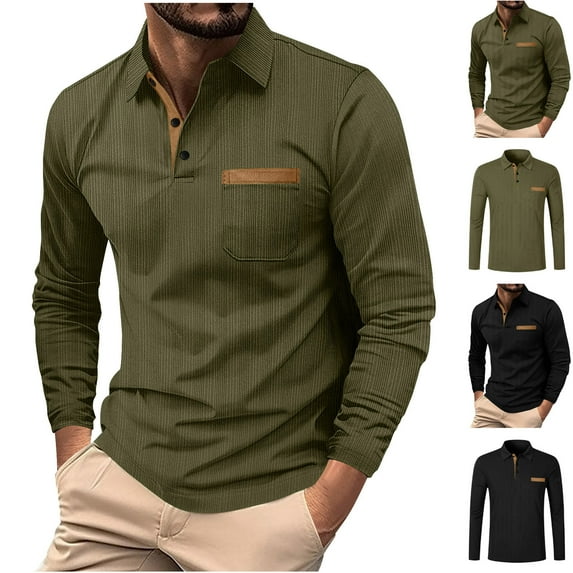 Miluxas Mens Long Sleeve T-Shirts Casual Button V Neck Basic Polo Shirts Trendy Solid Color Oversized Tees Tops with Pocket Black