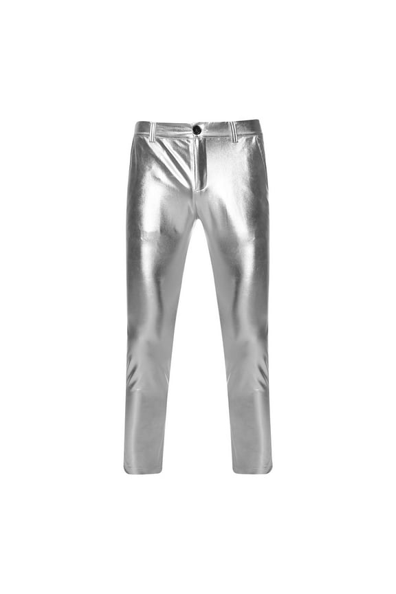 Mens Metallic Shiny Disco Pants, Wet Look Party Dance Straight Leg Trousers, 70s/80s Festival Rave Cosplay Leather Pants Silver