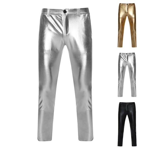 Miluxas Mens Metallic Shiny Disco Pants, Wet Look Party Dance Straight Leg Trousers, 70s/80s Festival Rave Cosplay Leather Pants Silver