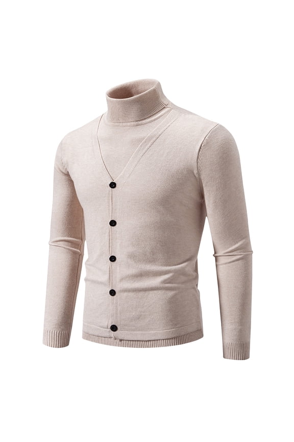 Mens Mock Neck Sweater Ribbed Slim Fit Long Sleeve Turtleneck Button Design Pullover Sweater Beige 16(XXXL)