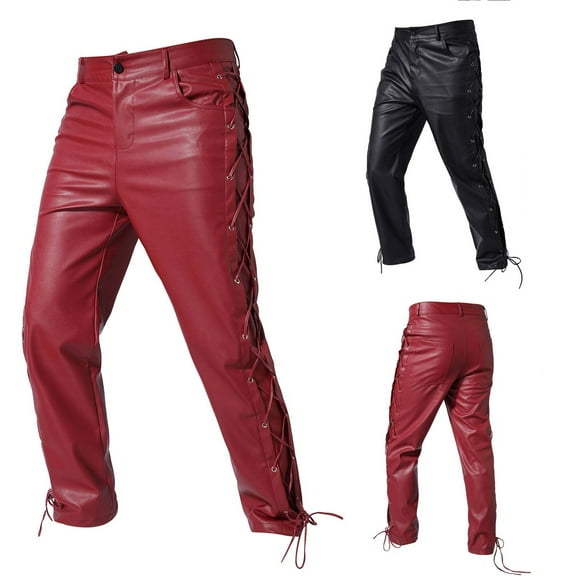Miluxas Mens Motorcycle Black Leather Pants Jeans Style Motorcycle Riding Pants for Biker with Pockets Red 8(XL)