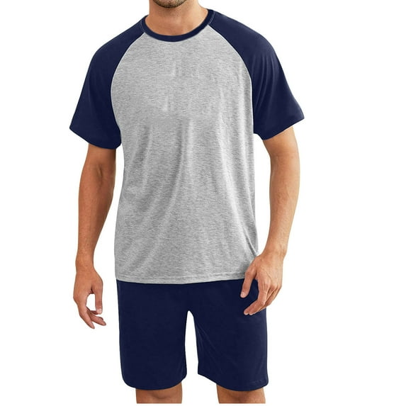Miluxas Mens Pajama Short Sets Short Sleeve Crewneck Modal Pajama Lounge Set Raglan Sleepwear Navy L(L)