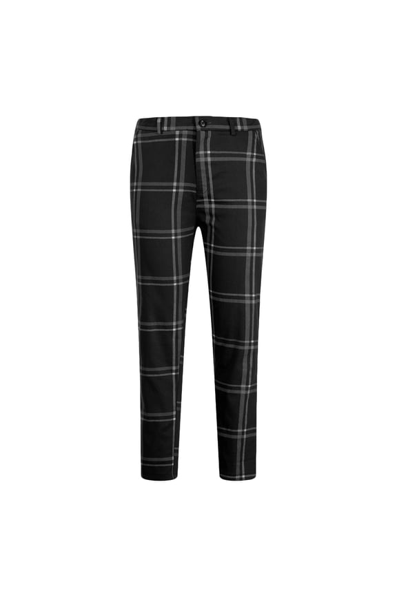 Mens Pants , Men Button Zipper Closure Plaid Pencil Pants Trousers Black 8(L)
