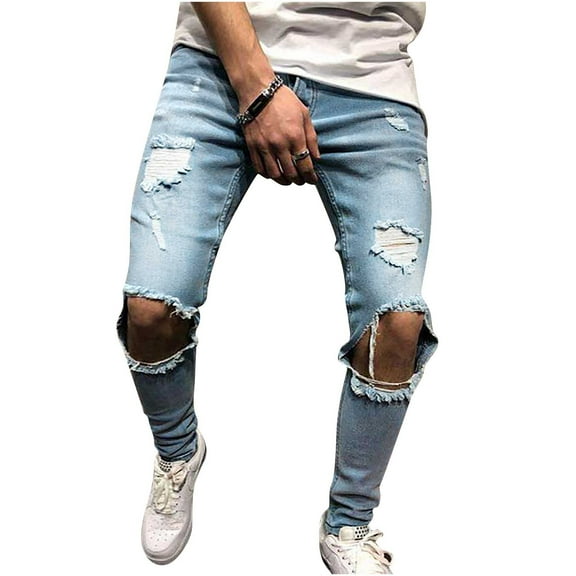 Miluxas Mens Pants , Men Solid Button Zipper Custom Fit Irregular Ripped Jeans Light Blue 10(XL)