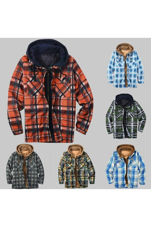 Mens Plaid Hoodies Winter Zip Up Fleece Jacket Sherpa Fleece Lined Warm Flannel Jacket Coat Orange