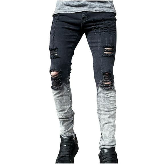 Miluxas Mens Plus Size Pants Men Gradient Button Zipper Custom Fit Irregular Ripped Jeans Gray 10(XL)