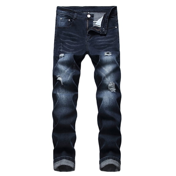 Miluxas Mens Plus Size Pants Men Zipper Closure Solid Washed Stretch Trousers Ripped Jeans Dark Blue 8(L)