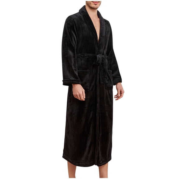 Miluxas Mens Plush Fleece Robe , Cozy Warm Bathrobe Fuzzy Male Spa Long Robe with Pockets Black 4(M)