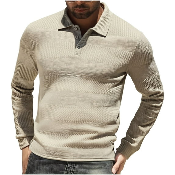 Miluxas Mens Polo Long Sleeve Shirt Classic Button Basic Solid Color Designed Collared Polo Shirt Fashion Casual Shirts Khaki