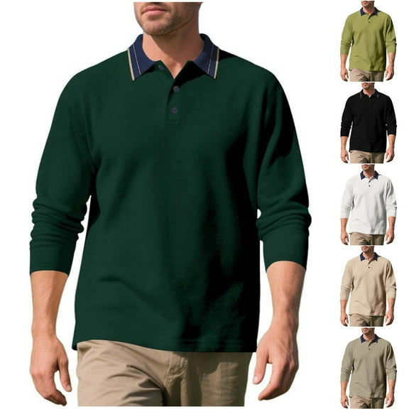 Miluxas Mens Polo Shirts Long Sleeve Button Casual Basic Collared Lightweight Golf Shirts White