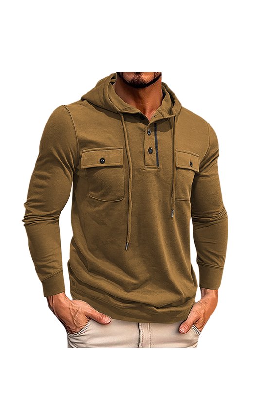 Mens Quarter Button Cargo Hoodies Casual Tactical Sweatshirt Hooded Pullover Soft Fall Winter Tops with Multi Pockets Coffee