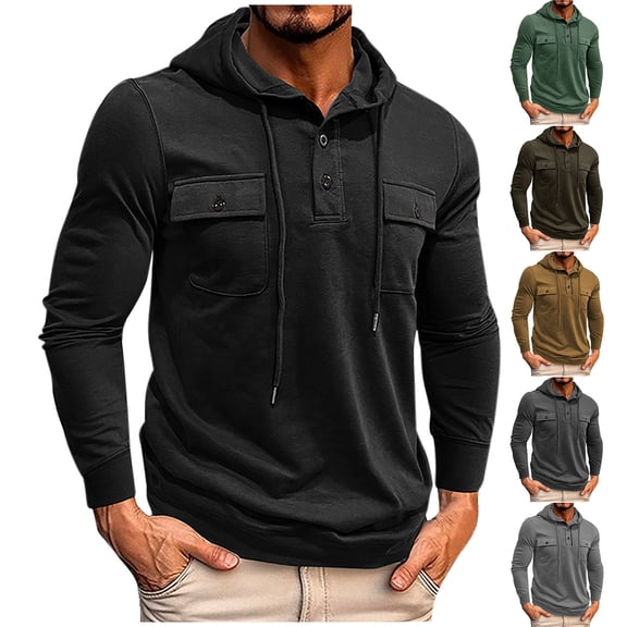 Miluxas Mens Quarter Button Cargo Hoodies Casual Tactical Sweatshirt Hooded Pullover Soft Fall Winter Tops with Multi Pockets Gray