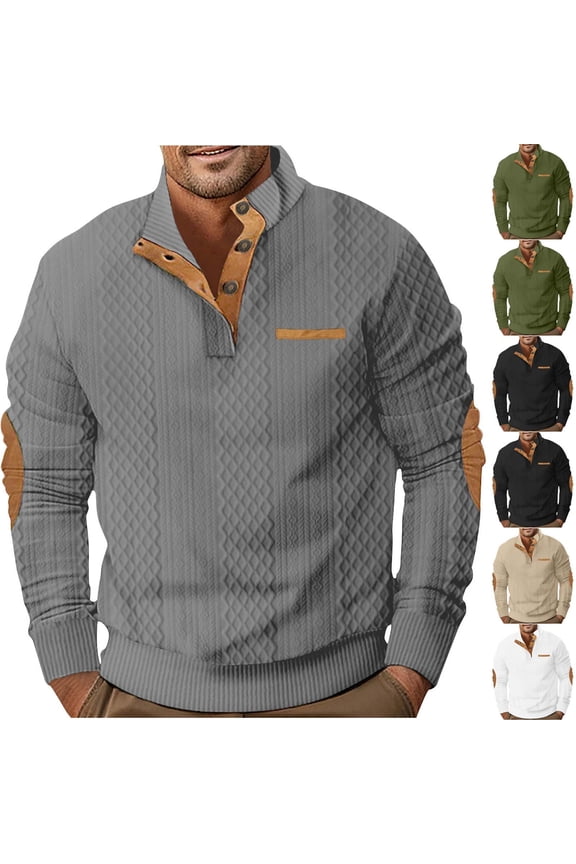 Mens Quarter Button Neck Tops Elbow Patches Long Sleeve Stand Collar 1/4 Button Up Pullover Color Block Tops White