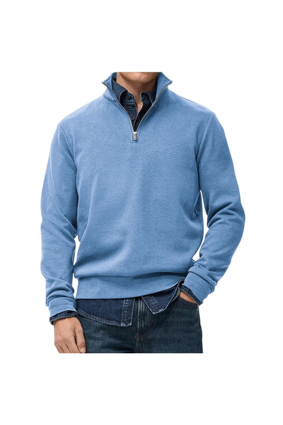 Mens Quarter Zip Pullover Corduroy Sweatshirt Casual Half Zip Sweater Tops Lightweight Stand Collar Golf Polo Shirts Blue