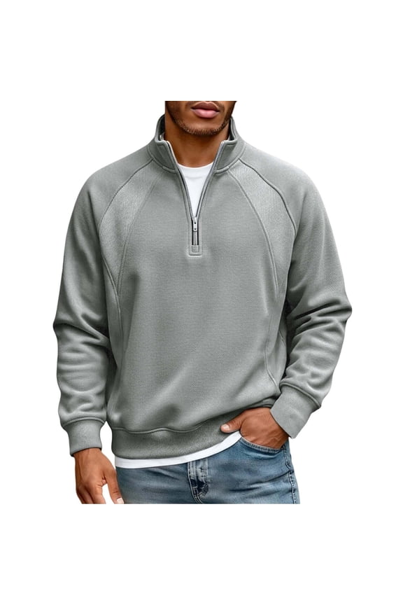 Mens Quarter Zip Pullover Mock Neck Sweatshirt Long Sleeve Sweater Polo Half Zip Pullover with Pocket Gray