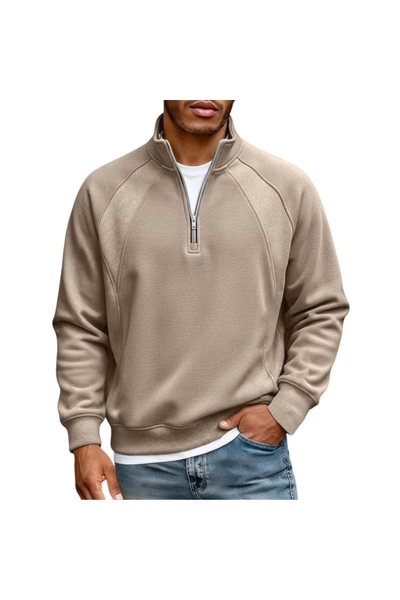 Mens Quarter Zip Pullover Mock Neck Sweatshirt Long Sleeve Sweater Polo Half Zip Pullover with Pocket Khaki