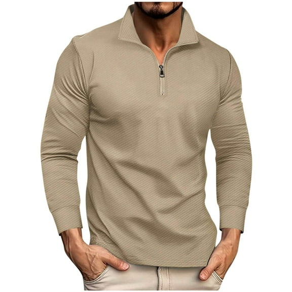 Miluxas Mens Quarter Zip Pullover Ribbed Sweater Long Sleeve Mock Neck Lightweight Knit Shirt Casual Fall Winter Top Khaki