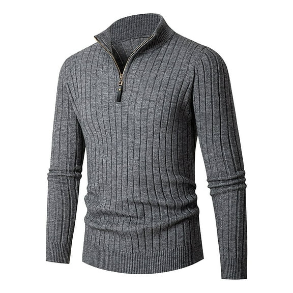 Miluxas Mens Quarter Zip Pullover Sweaters Mock Neck Slim Fit Lightweight Pullover Waffle Knit Casual Polo Sweater Dark Gray