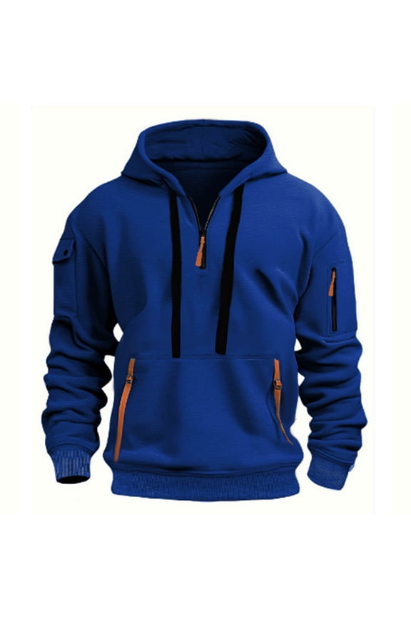 Mens Quarter Zip Pullover Tactical Hoodies Vintage Long Sleeve Casual Fashion Hoodie Fall Winter Sweaters Blue