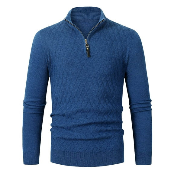 Miluxas Mens Quarter Zip Sweater Long Sleeve Cable Knit Mock Neck Polo Soft Casual Pullover Sweaters Blue