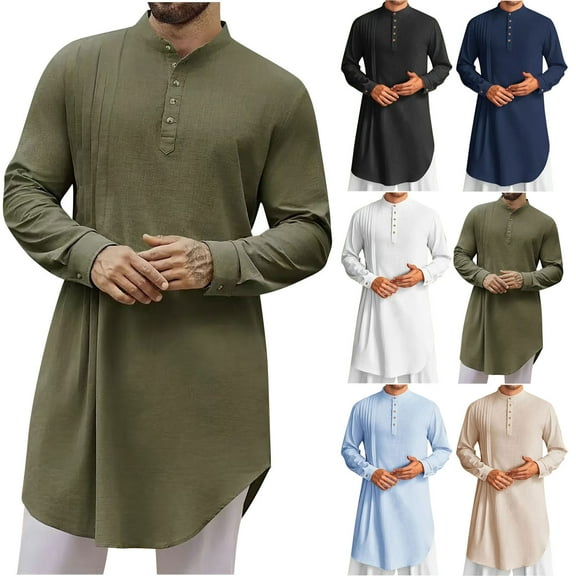 Miluxas Mens Robe Button Down Long Sleeve Cotton Linen Thobe Casual Gown Henley Shirt White XL(XL)