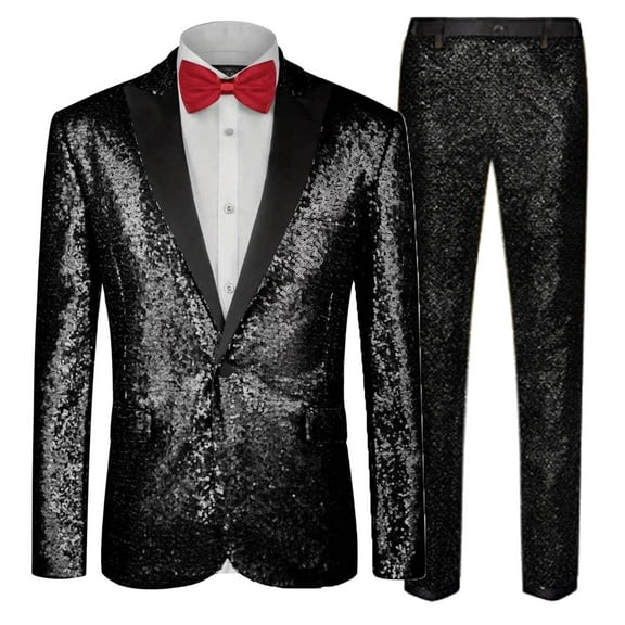 Miluxas Mens Sequin Tuxedo 2 Piece Suit Set Slim Fit Prom Suits for Men Party Dress Suit Jacket and Pants Black