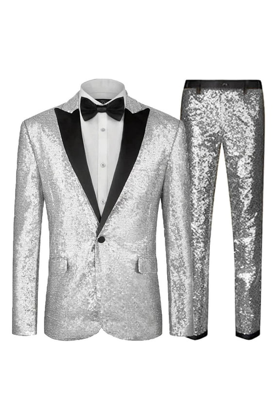 Mens Sequin Tuxedo 2 Piece Suit Set Slim Fit Prom Suits for Men Party Dress Suit Jacket and Pants Silver