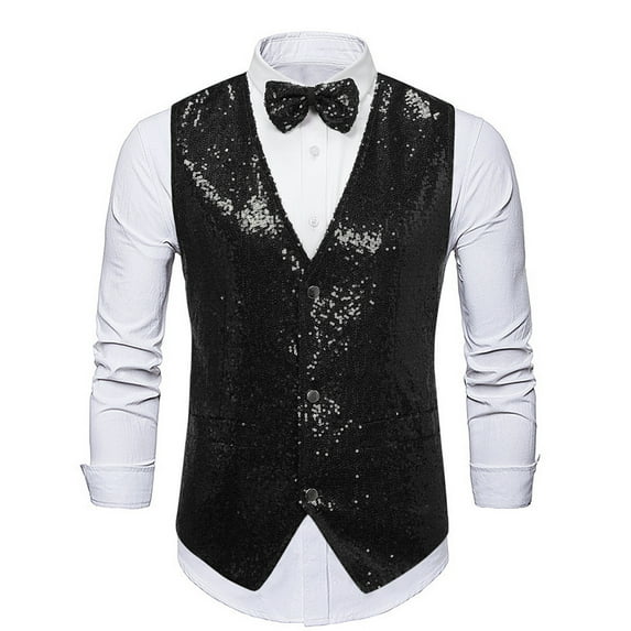 Miluxas Mens Sequins Vest formal/Leisure V-neck Shiny Waistcoat Bowtie Set Prom Party Tuxedo Black