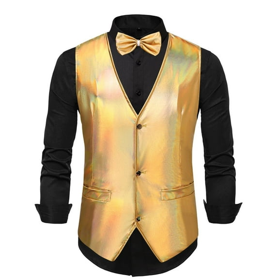 Miluxas Mens Sequins Vest with Bow Tie Fashion V-neck Sleeveless Shiny Waistcoat Bowtie Set formal/Leisure Prom Party Gold