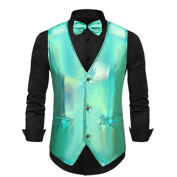 Miluxas Mens Sequins Vest with Bow Tie Fashion V-neck Sleeveless Shiny Waistcoat Bowtie Set formal/Leisure Prom Party Green