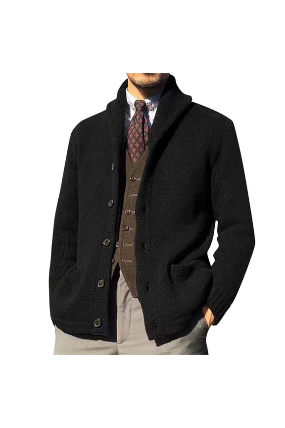 Mens Shawl Collar Cardigan Sweater Button Down Textured Knit Sweaters Casual Chunky Cardigan with Pockets Black L(L)