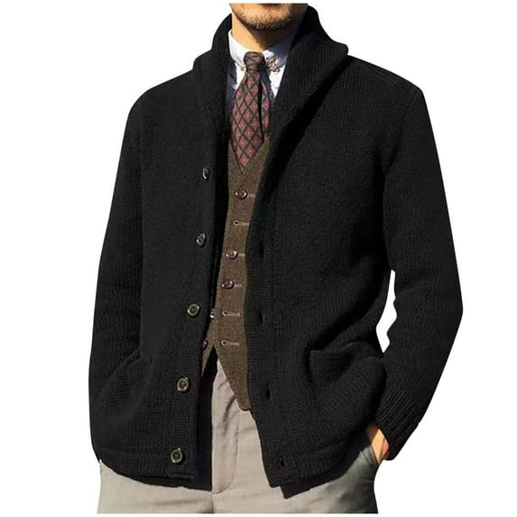 Miluxas Mens Shawl Collar Cardigan Sweater Button Down Textured Knit Sweaters Casual Chunky Cardigan with Pockets Black XXL(XXL)