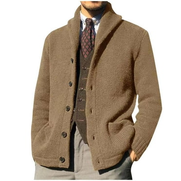 Miluxas Mens Shawl Collar Cardigan Sweater Button Down Textured Knit Sweaters Casual Chunky Cardigan with Pockets Brown L(L)