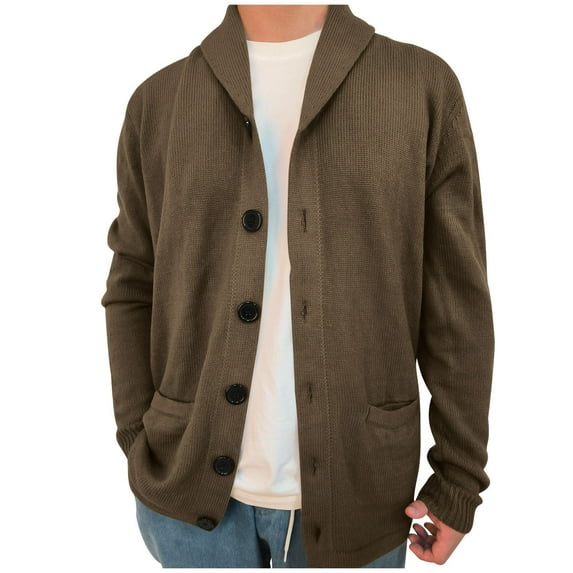 Miluxas Mens Shawl Collar Cardigan Sweater Cable Knit Button Down Winter Chunky Sweaters with Pockets Brown