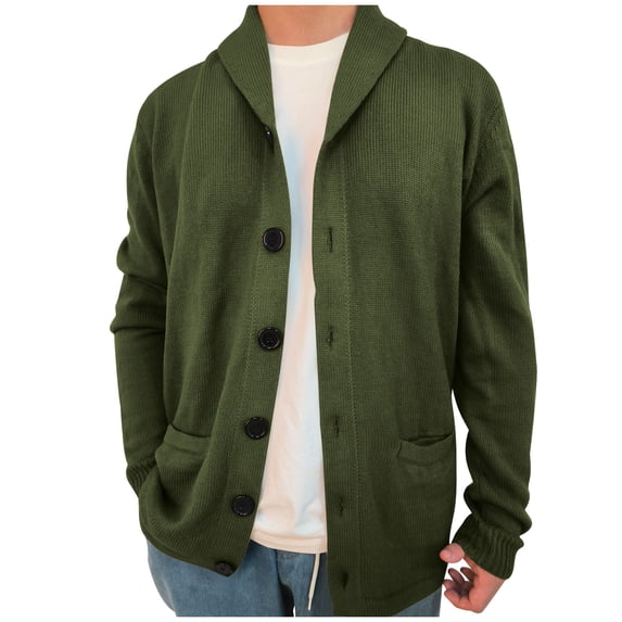 Miluxas Mens Shawl Collar Cardigan Sweater Cable Knit Button Down Winter Chunky Sweaters with Pockets Green