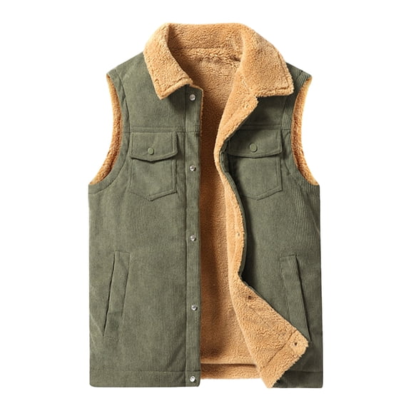 Miluxas Mens Sherpa Lined Vest Winter Warm Corduroy Vest Lapel Button Up Sleeveless Jacket with Multi Pockets Army Green XXL(XXL)