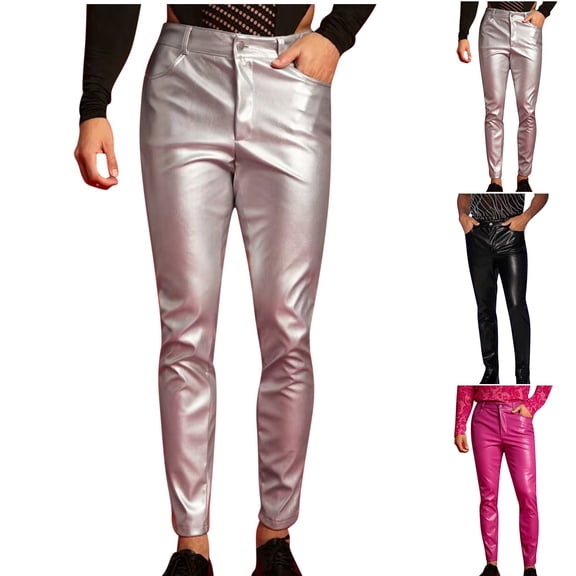 Miluxas Mens Shiny PU Leather Pants, Soft Matte, Zipper Open Crotch, Male Casual Trousers Black Silver