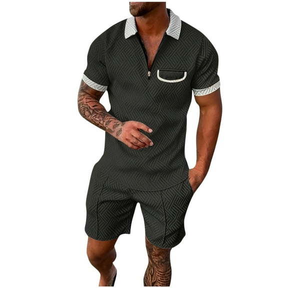 Miluxas Mens Short Sets 2 Piece Outfits Polo Shirt Fashion Summer Tracksuits Casual Set Short Sleeve and Shorts Set for Men Army Green